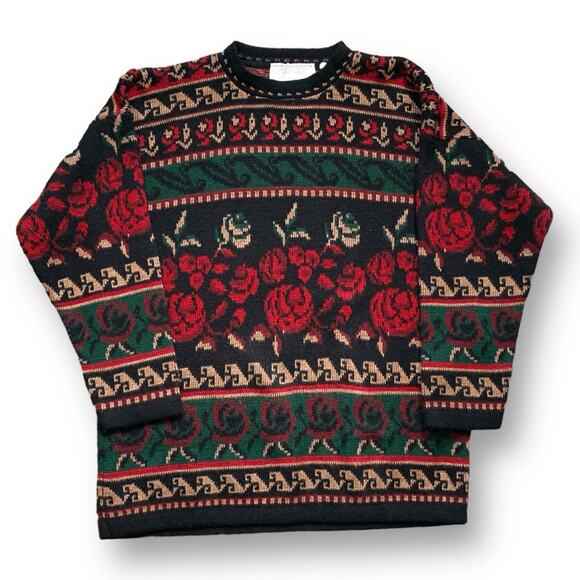 Vintage 90s Sweater Red Rose Dark Floral Knit Pullover Black Green Made in USA - Picture 1 of 10